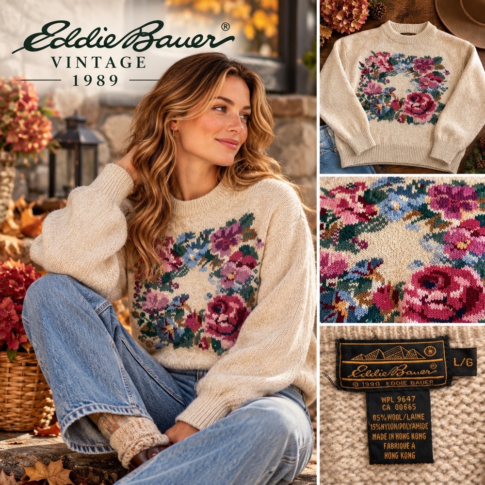 Vintage 1989 Eddie Bauer Floral Wreath Wool Blend Sweater Oatmeal Large Intarsia